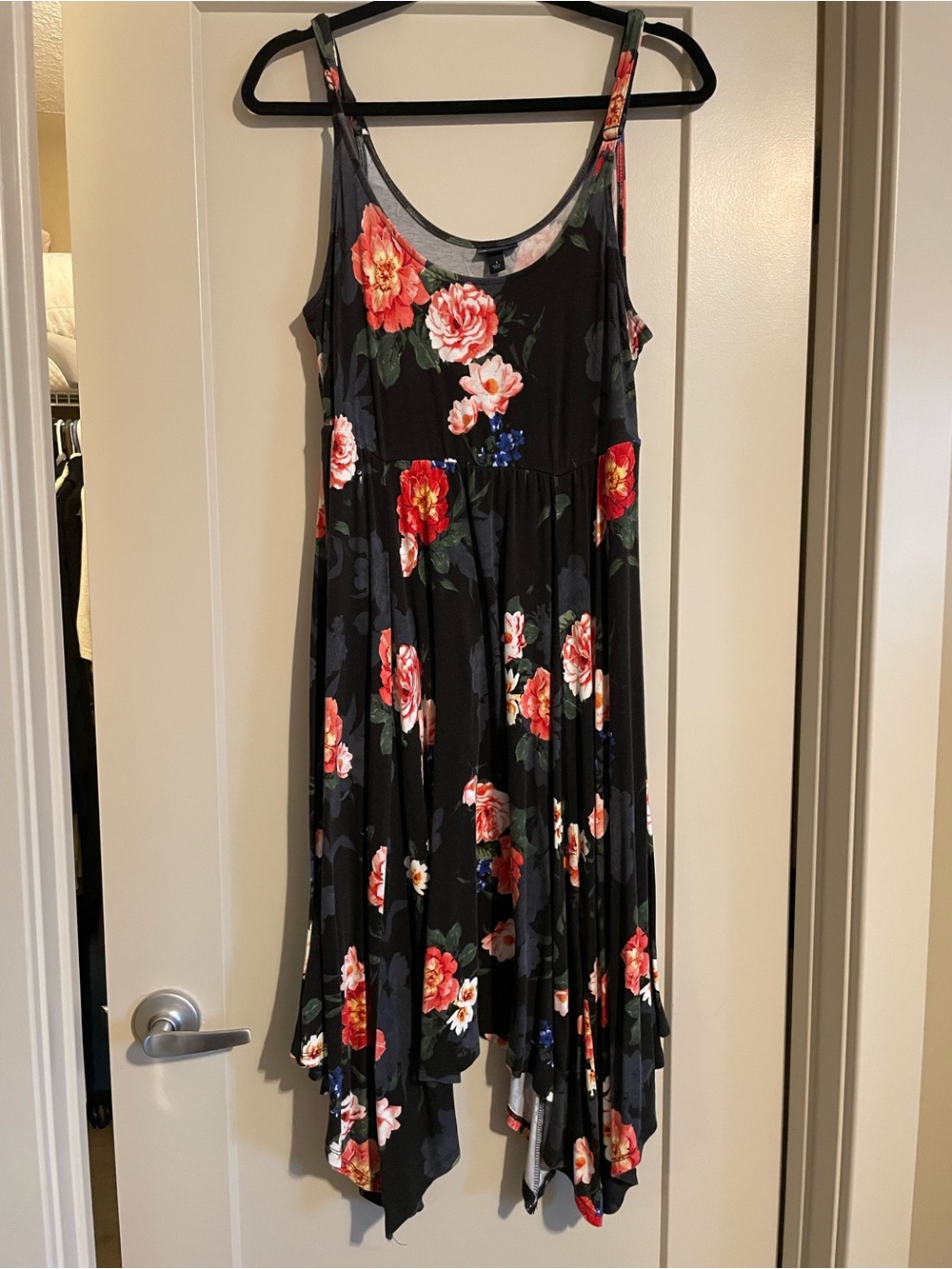 torrid Black Floral Midi Dress with Red and Pink Blooms